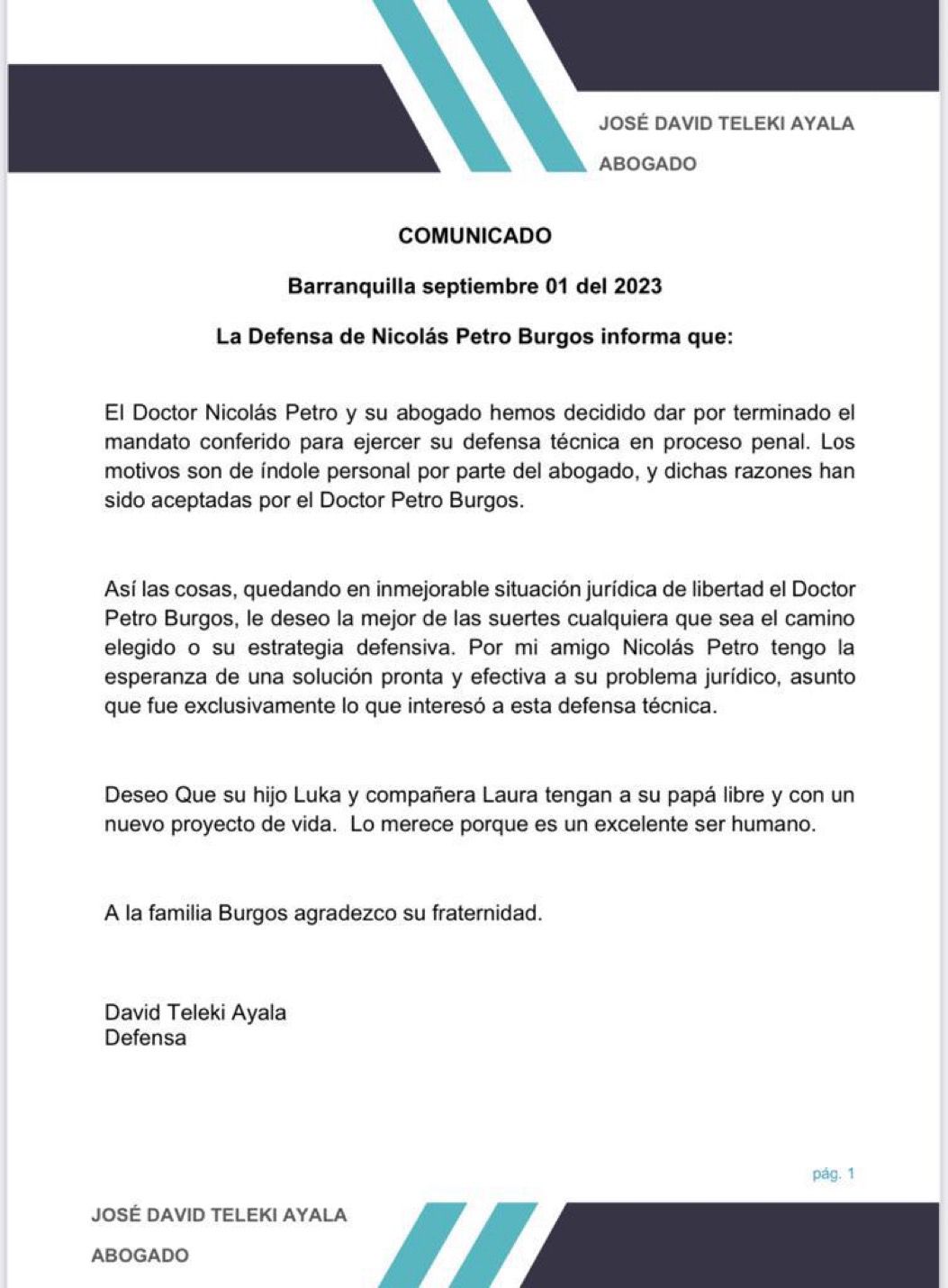 Comunicado de renuncia del abogado defensor de Nicolás Petro