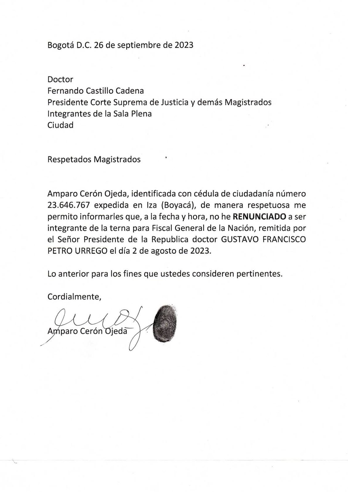 Carta donde la  exfiscal Amparo Cerón señaló que no ha renunciado a la terna que presentó el presidente Petro donde figura su nombre.