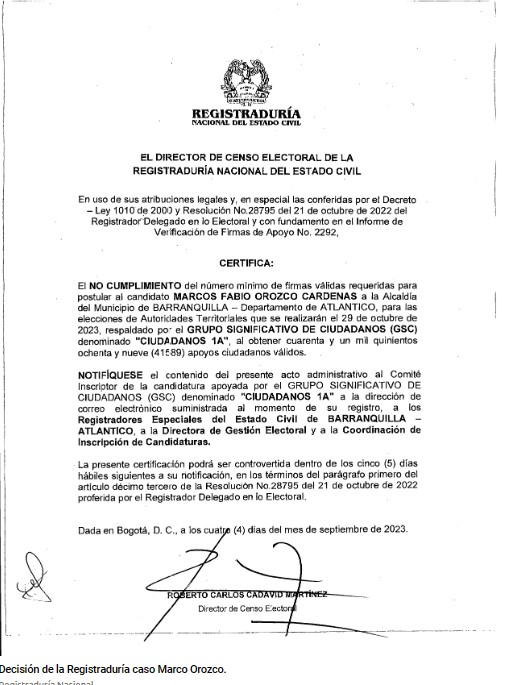 Documento de la Registraduría donde certifican el no cumplimiento de las firmas requeridas para aspirar a la alcaldía de Barranquilla
