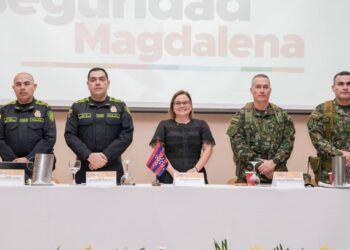 Gobernadora Margarita Guerra durante la Cumbre Global de Seguridad con empresarios y Fuerza Pública en el Magdalena.